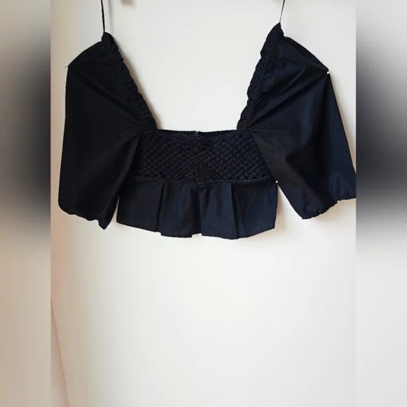 PINKO CROP Black Peplum Top Puffed Sleeve Darts Woven Square Size 2 170/80A - Picture 2 of 12